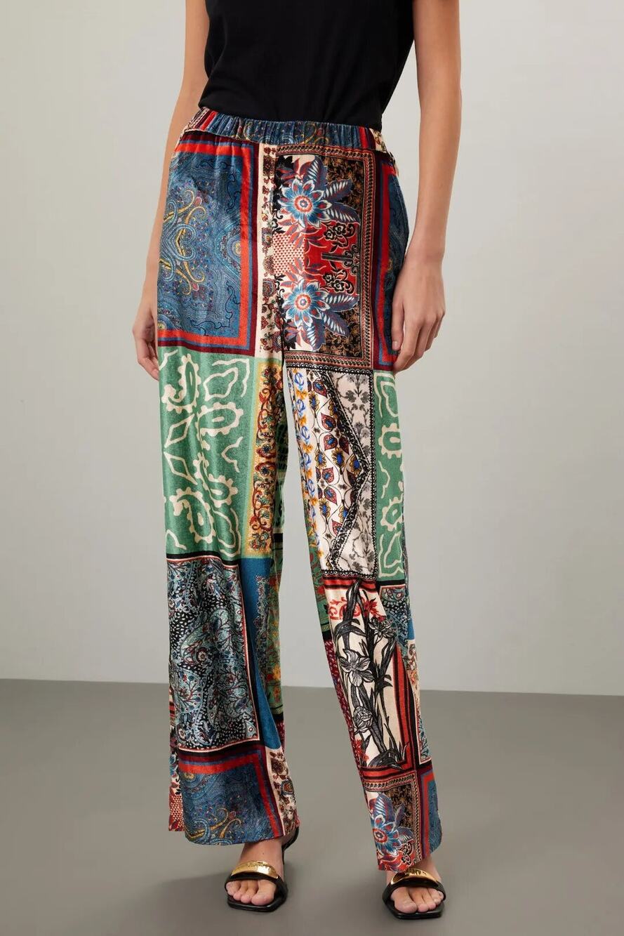 SFIZIO Patchwork Velvet Trousers Sz 2 Multicolor Pull-On Straight Wide Leg Italy